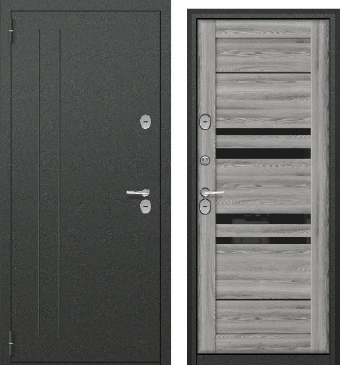 Тульские двери ТЕРМОБОКС СИП (букле графит/МДФ ясень ривьера грей) (2050*960, левая, термо)