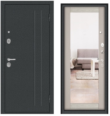 Тульские двери  Б-33 ЗЕРКАЛО, Букле графит, Дуб дымчатый ,Царга, большое зеркало ,три контура, хром