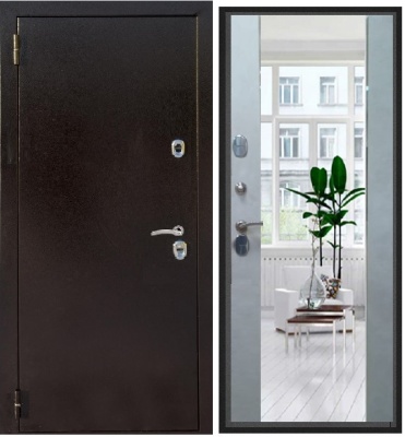 Тульские двери Б35 ТермоСТАР(медь, МДФ 12мм бетон снежный, ЗЕРКАЛО, 2петли,1,2мм, хром)