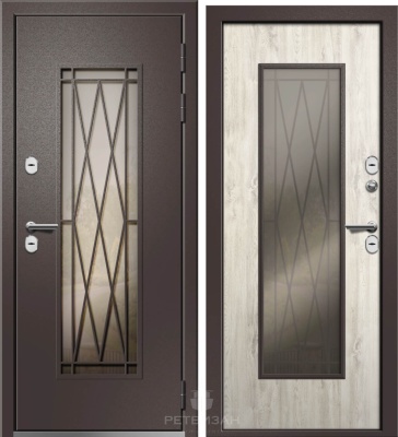 Дверь мет ВЕСТА TEРMO (стеклопакет МАХ, ковка снаружи) Муар Кортен,МДФ 10 мм, Дуб полярный , хром