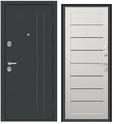 Тульские двери  Б34 Сноу (букле графит,МДФ царга RE11, Бетон снежный, черн. стекло,три контура, хром