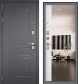 Дверь металл Челси (МДФ силк титан/МДФ белый матовый + зерк.вставка) (2050*860, левая, серый муар, хром матовый)