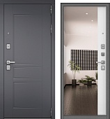 Дверь металл Челси (МДФ силк титан/МДФ белый матовый + зерк.вставка) (2050*960, правая, серый муар, хром матовый)